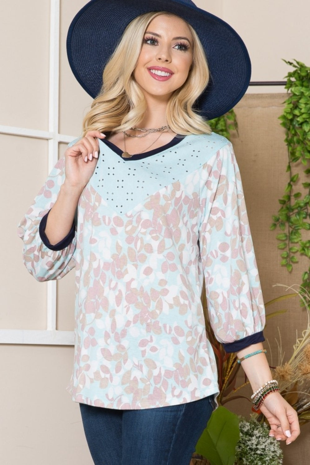 Leaf Print Balloon Sleeve Top