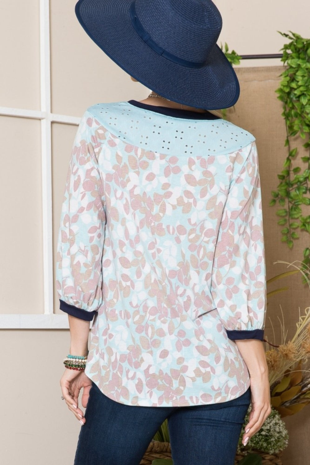 Leaf Print Balloon Sleeve Top