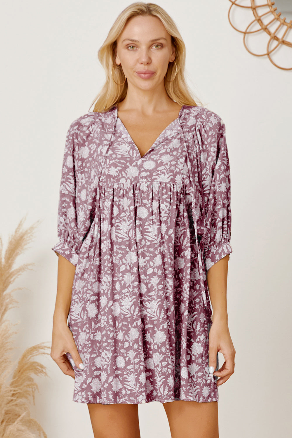 Floral Tie Neck Ruched Babydoll Dress