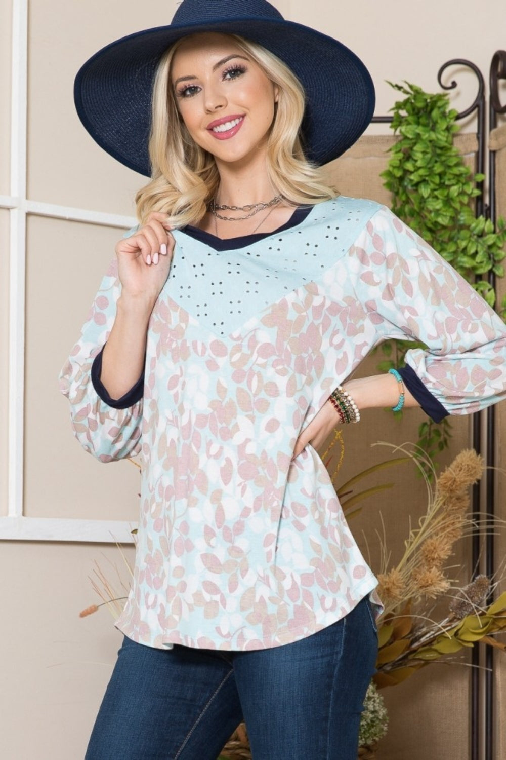 Leaf Print Balloon Sleeve Top