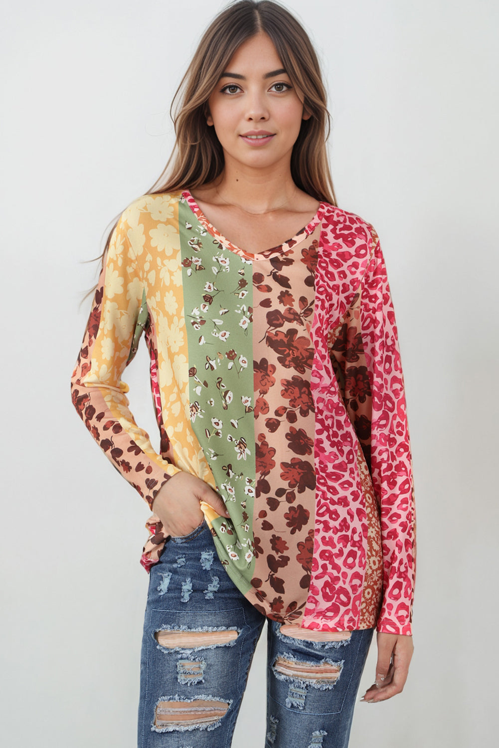 Leopard Long Sleeve V-Neck T-Shirt