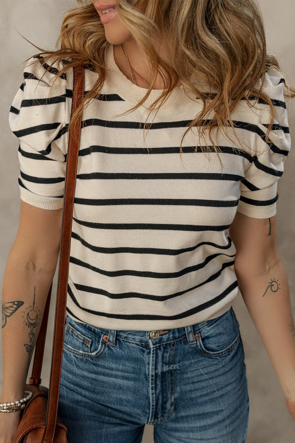 Striped Round Neck Puff Sleeve Knit Top