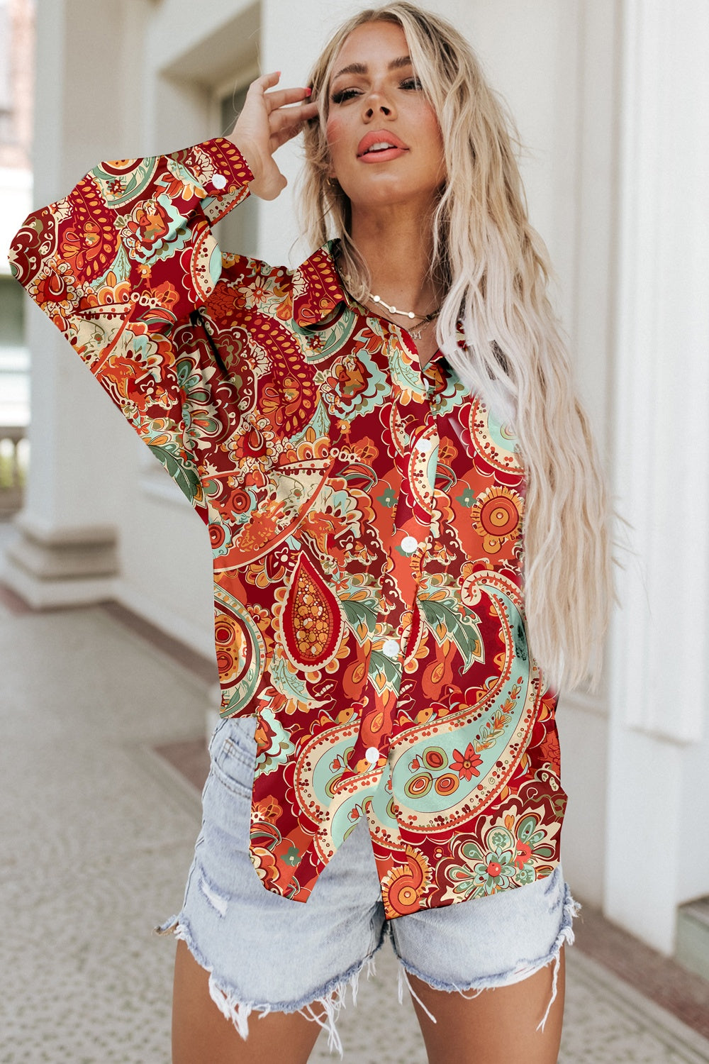 Printed Button Up Long Sleeve Shirt